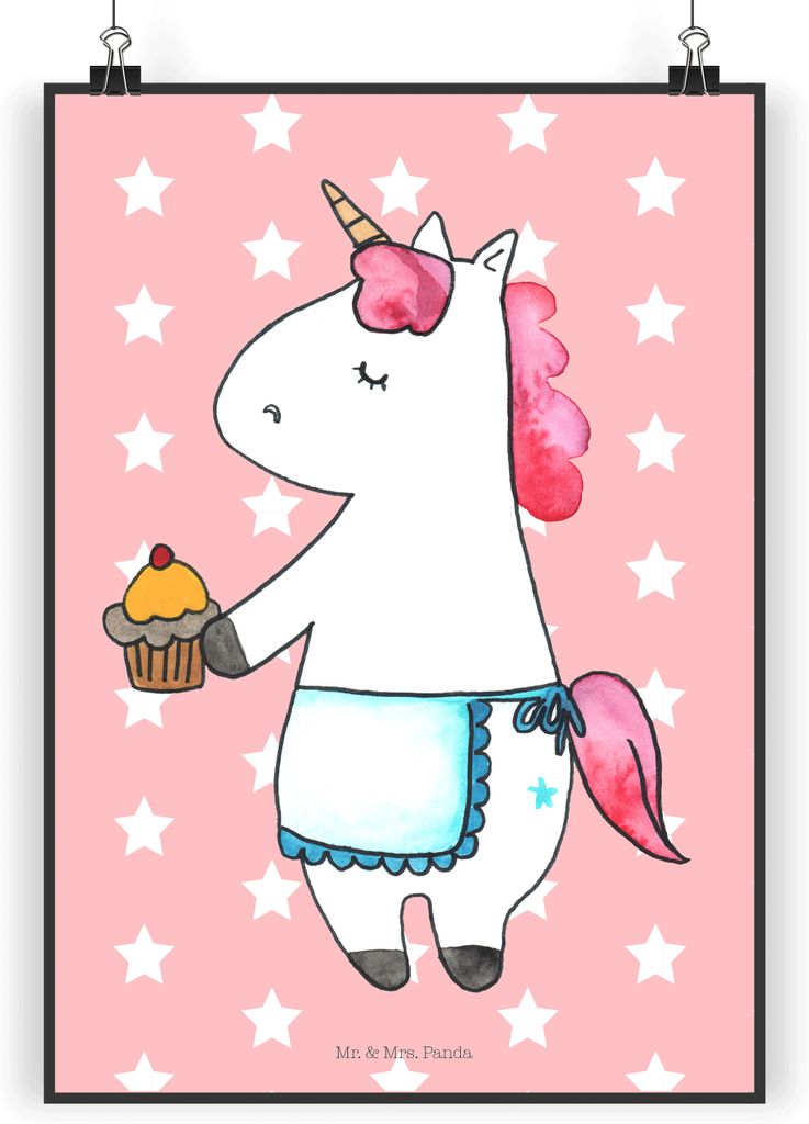 Mr. & Mrs. Panda Bild Einhorn Muffin DIN A5 - Rot Pastell - Geschenk, Geburtstagsgrüße, Geburtstag, Wandbild, Unicorn, Wandschmuck, Backen, Kunst...