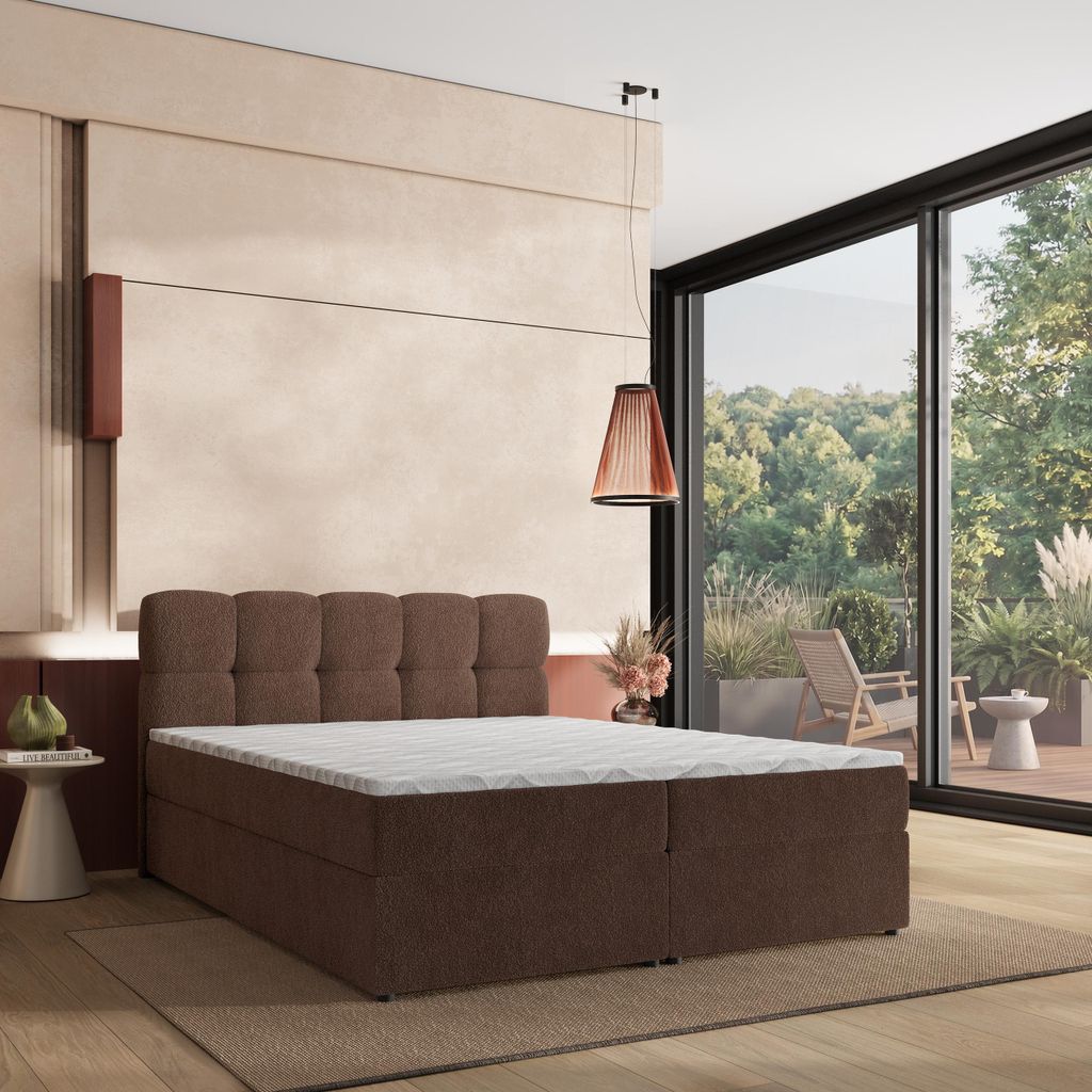 Masseno Boxspringbett MERU 160x200 cm Komplett-Set mit Bonell Matratze und Topper, Polsterbett mit Bettkästen -Braun, QUELLE 25