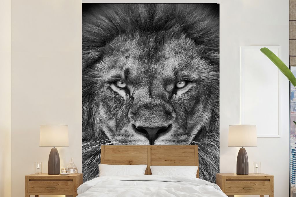 MuchoWow Fototapete für Wohnzimmer oder Schlafzimmer Wandtapete Vinyl Motivtapete Tiere - Löwe - Schwarz - Weiß - Porträt - 160x240 cm - Viny...