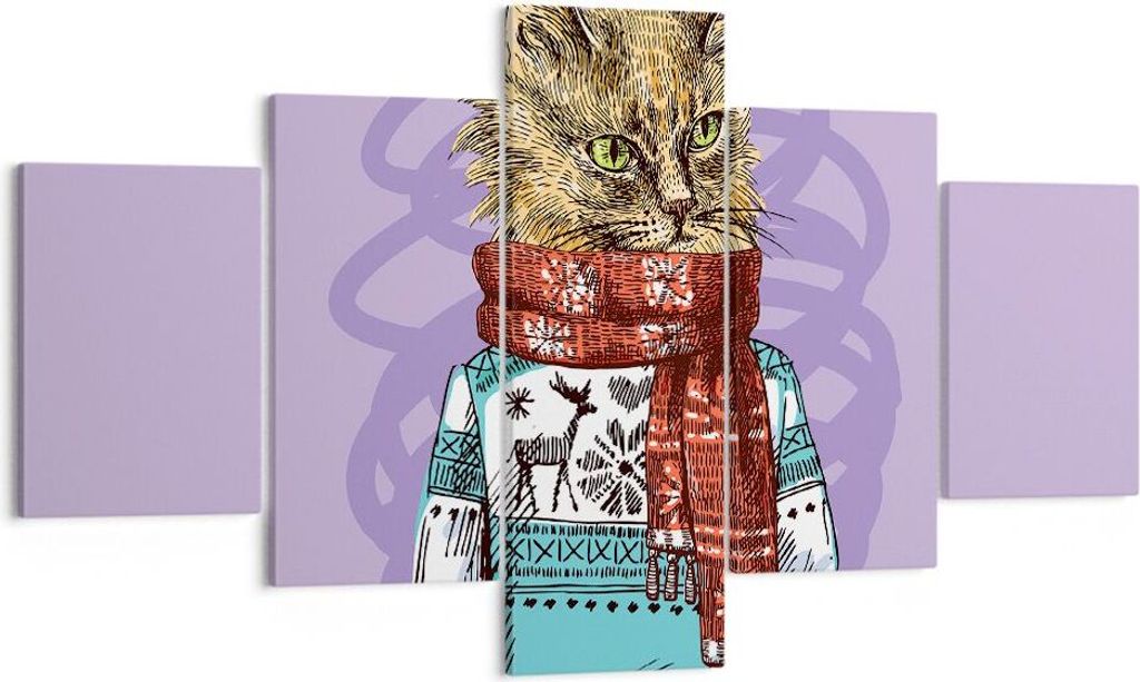 Bild auf Leinwand - Leinwandbild - Katze Schal Illustration hipster - 125x70cm - Wand Bild - Wanddeko - Leinwanddruck - Bilder - Kunstdruck - Leinw...