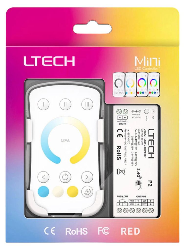 LTECH M2A+P2 CCT LED Funk Set 2.4 GHz, Funk Fernbedienung und 2-Kanal Empfänger, 12-48V DC, für CCT LED Streifen