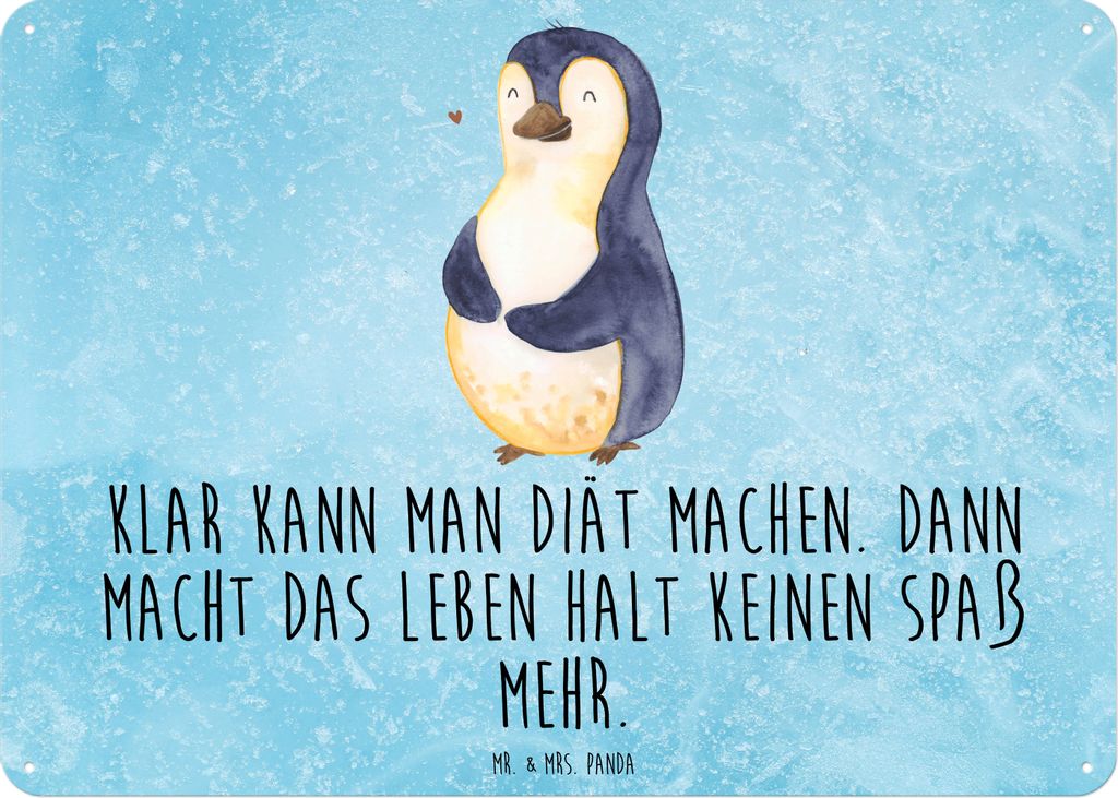 Mr. & Mrs. Panda Wandbild Pinguin Diät DIN A6 - Eisblau - Geschenk, Abnehmen, Pinguine, tafel, Türschild, Schild, Gewicht, Metallbild, Blechschild