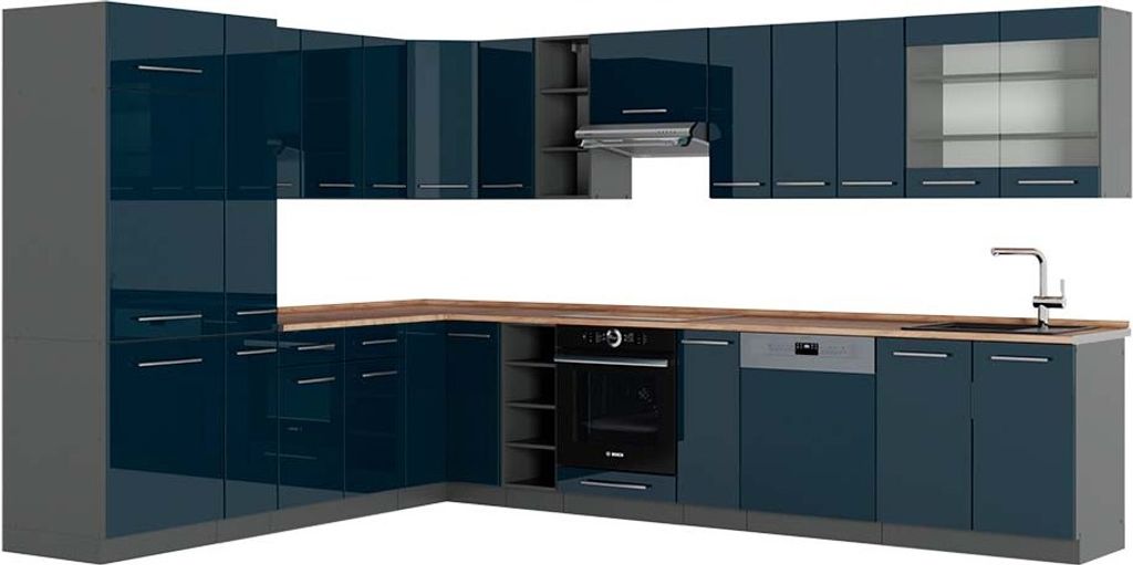 Eckküche Vicco Fame-Line Dunkelblau Hochglanz/Anthrazit 347 x 60 cm , AP Eiche, Model 49749