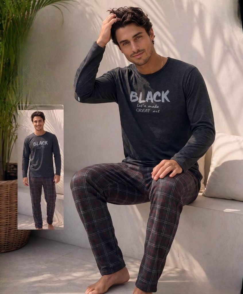 Herren Pyjama Schlafanzug Schwarz XXL Lang 2-Teiler Set Produktbild 