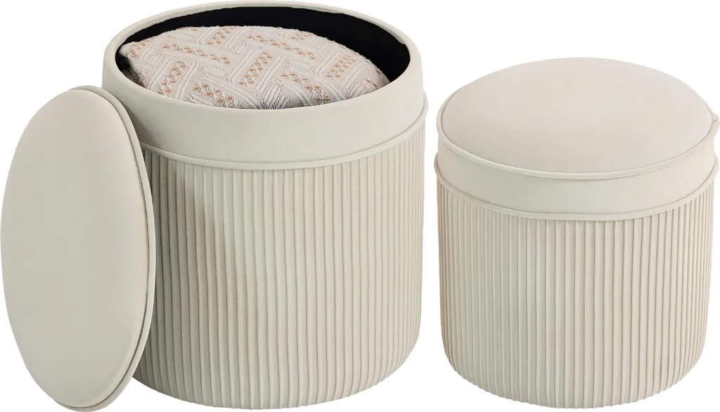 HOMCOM Lot de 2 Poufs de Rangement Velours Crème - Tabourets Ronds