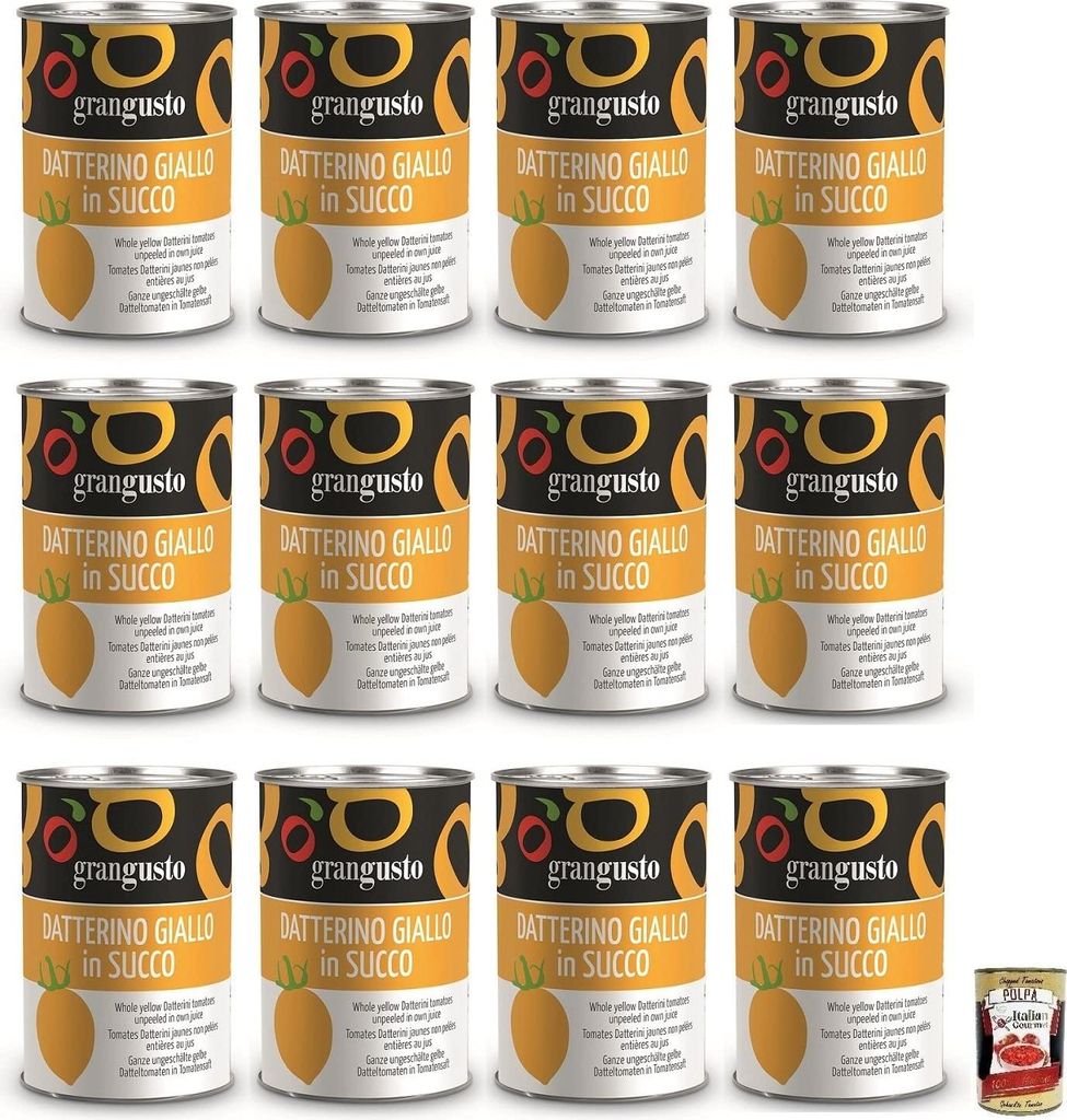 12x Grangusto Pomodoro Datterino Giallo in Succo,Ganze Ungeschälte Gelbe Datteltomaten in Tomatensaft,Italienische Tomate,400g Dose + Italian Gour...