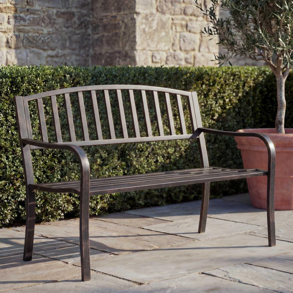 Gartenbank HWC-F43, Bank Parkbank Sitzbank, 2-Sitzer pulverbeschichteter Stahl - vintage bronze