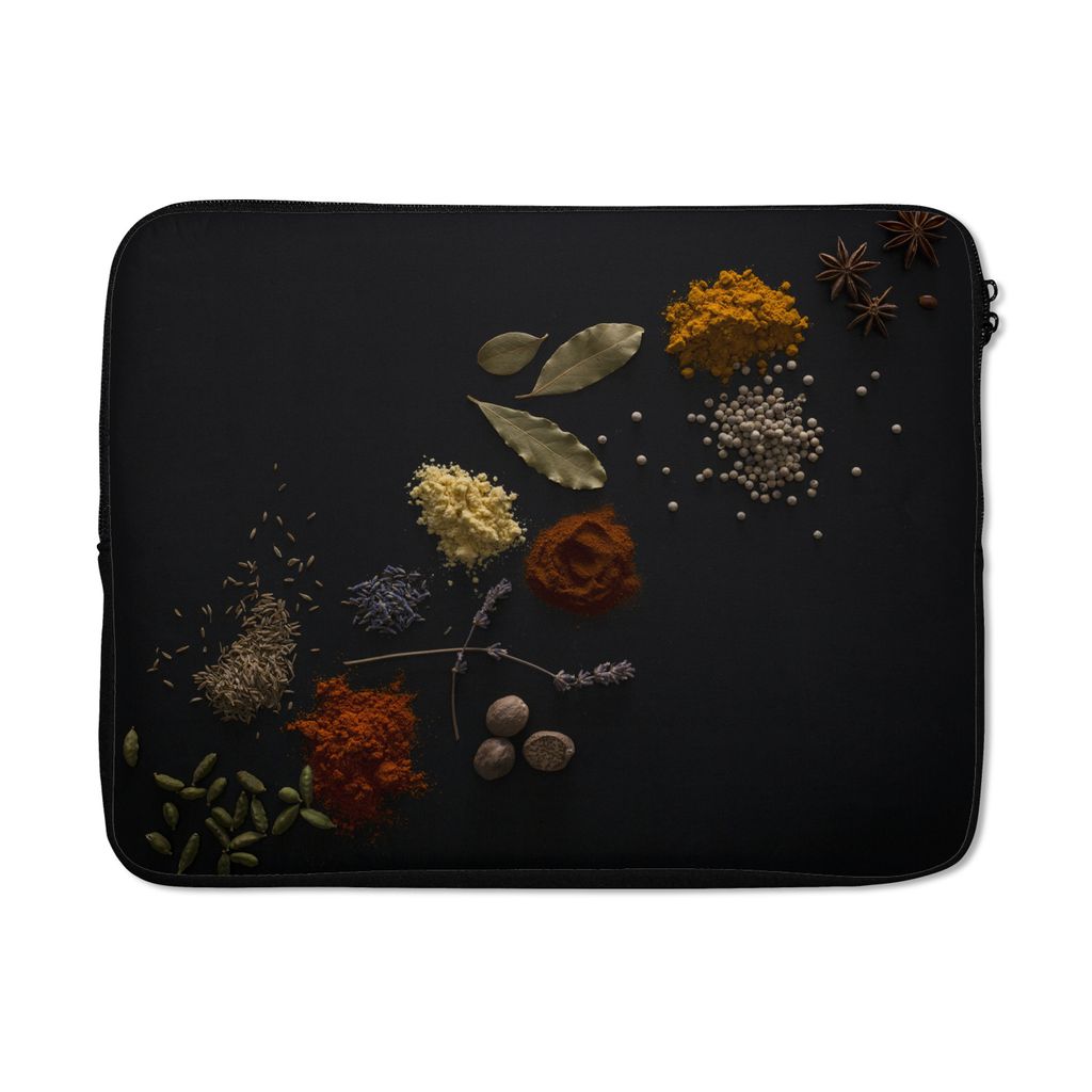 MuchoWow Laptop Hülle 17 Zoll Laptoptasche Kräuter - Schwarz - Gewürze - Küche - Kochen - Zipper - Schutzabdeckung