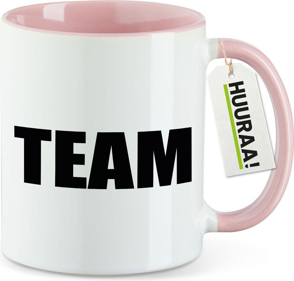 Huuraa Kaffeetasse Team Schriftzug 330ml Rosa Keramik Kaffeebecher Geschenkidee