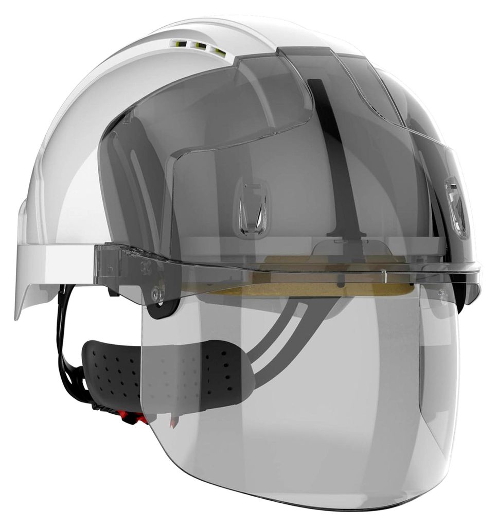 EVO VISTAshield Schutzhelm – Belüftet – Integriertes Vollvisier (Smoke) – Drehradverschluss – EN397 & EN166 – Weiß