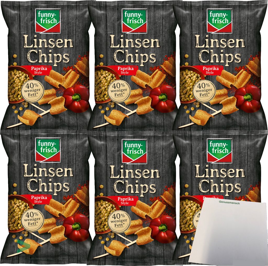 Funny Frisch Linsen Chips Paprika Style mit pflanzlichem Protein 6er Pack (6x90g) + usy Block
