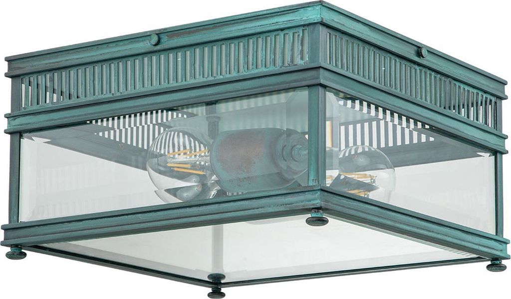 Deckenlampe außen Messing Glas 30 cm breit IP44 Grün Antik E27 2-flammig eckig Vintage Design