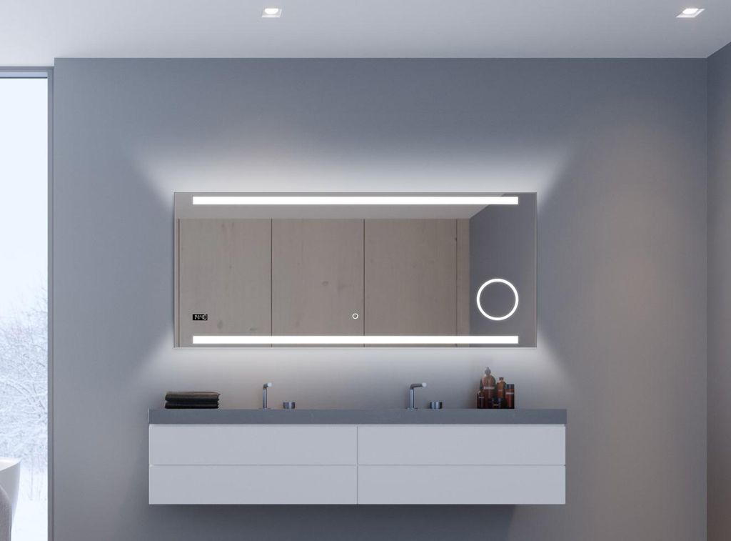 TALOS King Badspiegel mit Beleuchtung 120x60 LED Wandspiegel mit beleuchtetem Kosmetikspiegel. Lichtfarbe neutralweiß. Digitaluhr. IP24