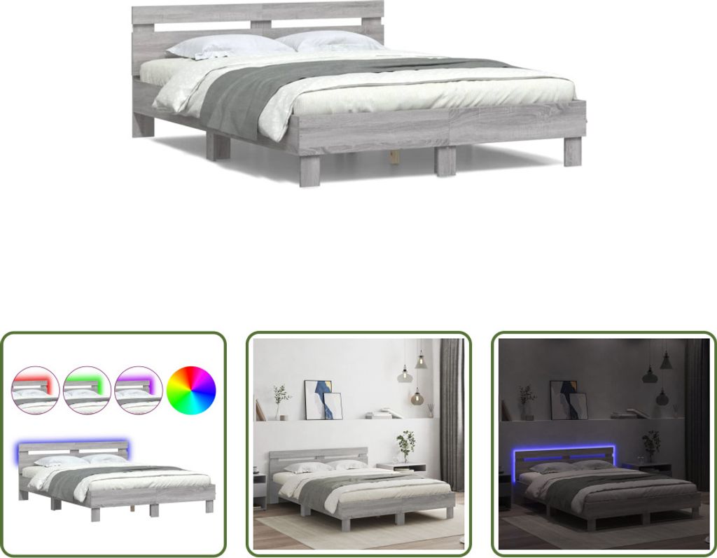 The Living Store Bettgestell mit Kopfteil LED-Beleuchtung Grau Sonoma 150x200 cm