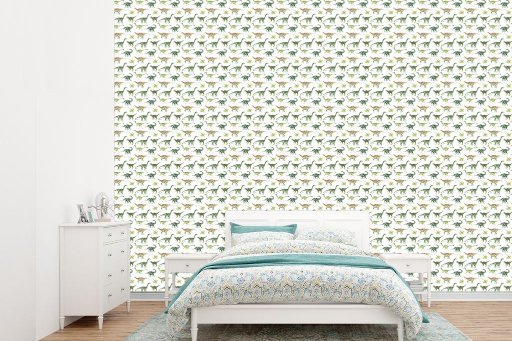 MuchoWow Fototapete für Wohnzimmer oder Schlafzimmer Wandtapete Vinyl Motivtapete Jungen - Kinder - Dinosaurier - Muster - 305x220 cm - Wandbilder