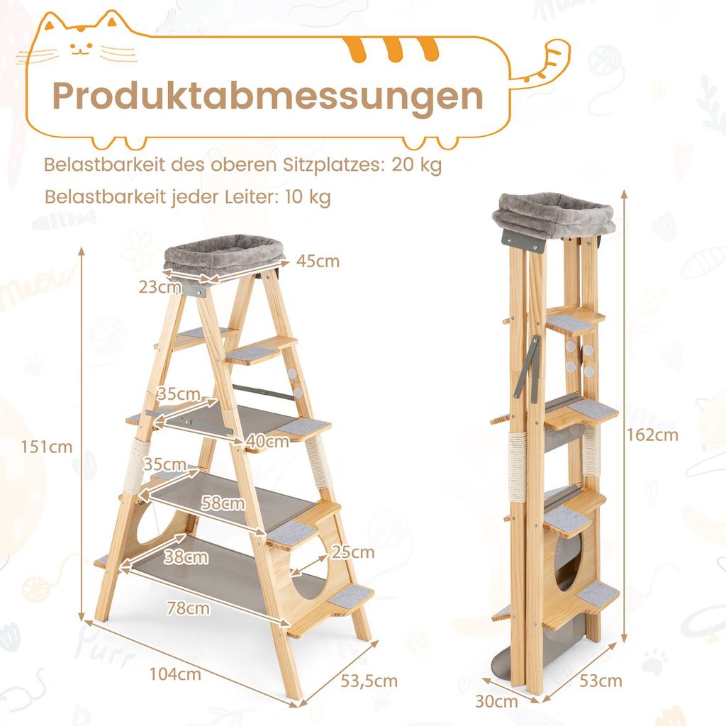 COSTWAY 151 cm Kratzbaum und Leiter, 5-stckiger Katzenbaum
