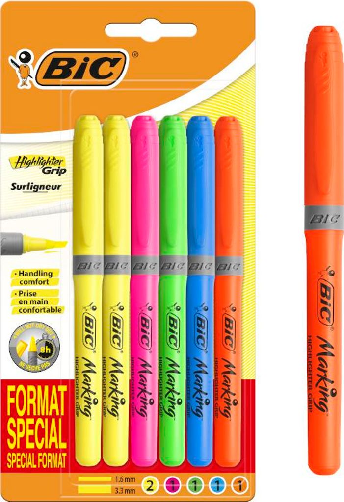 BIC Grip Special Textmarker, verschiedene Farben, 6 Stück