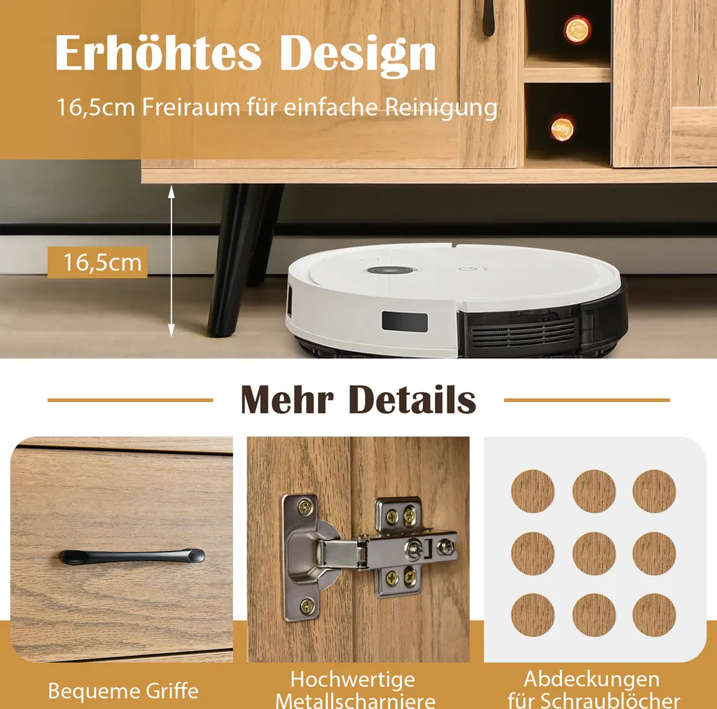 Buffet avec étagères réglables et casier à vin, commode mobile naturelle