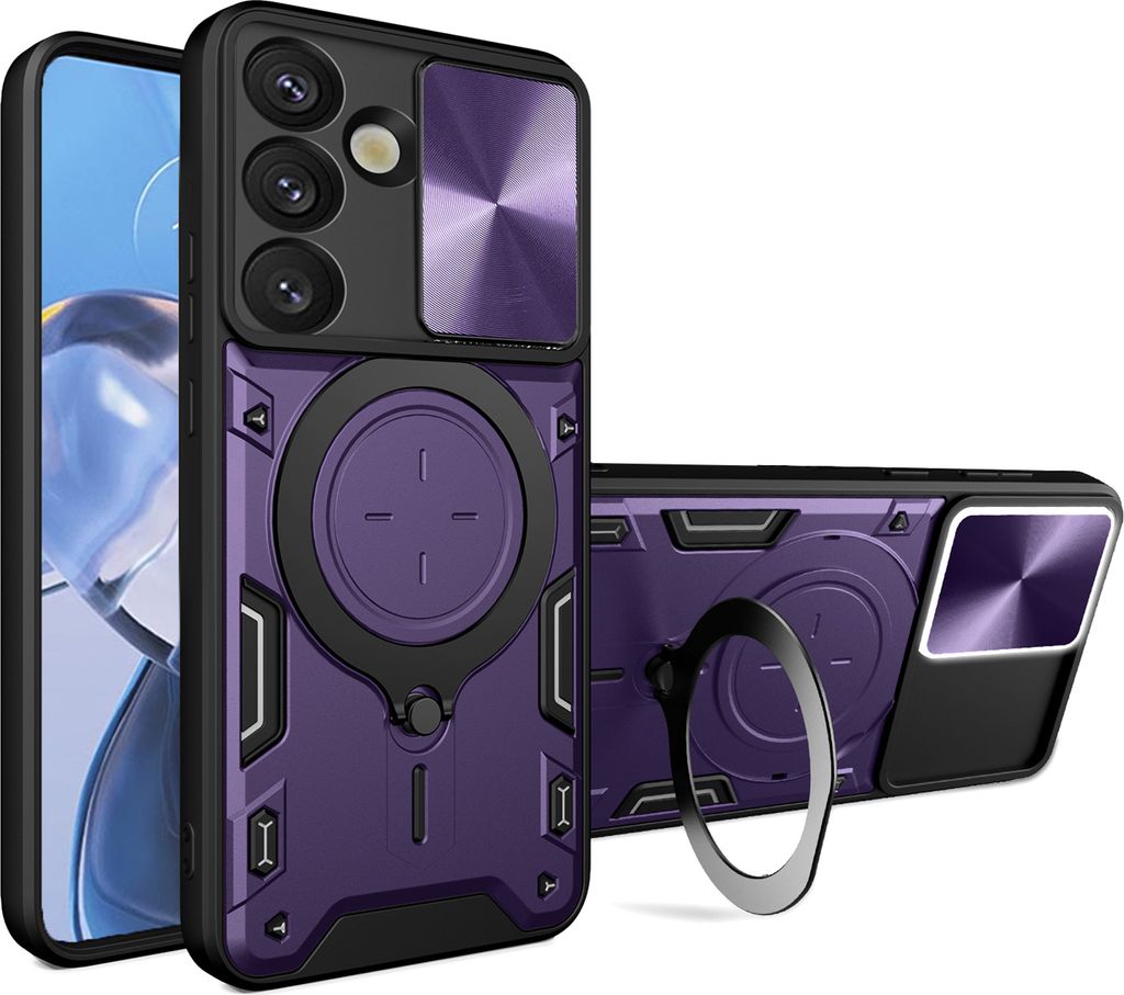 Handyhülle für Samsung Galaxy S25 Dual-Layer Stoßfest Rüstung Hülle mit Dia Kameraschutz und Kreisförmig Ring Ständer Lila