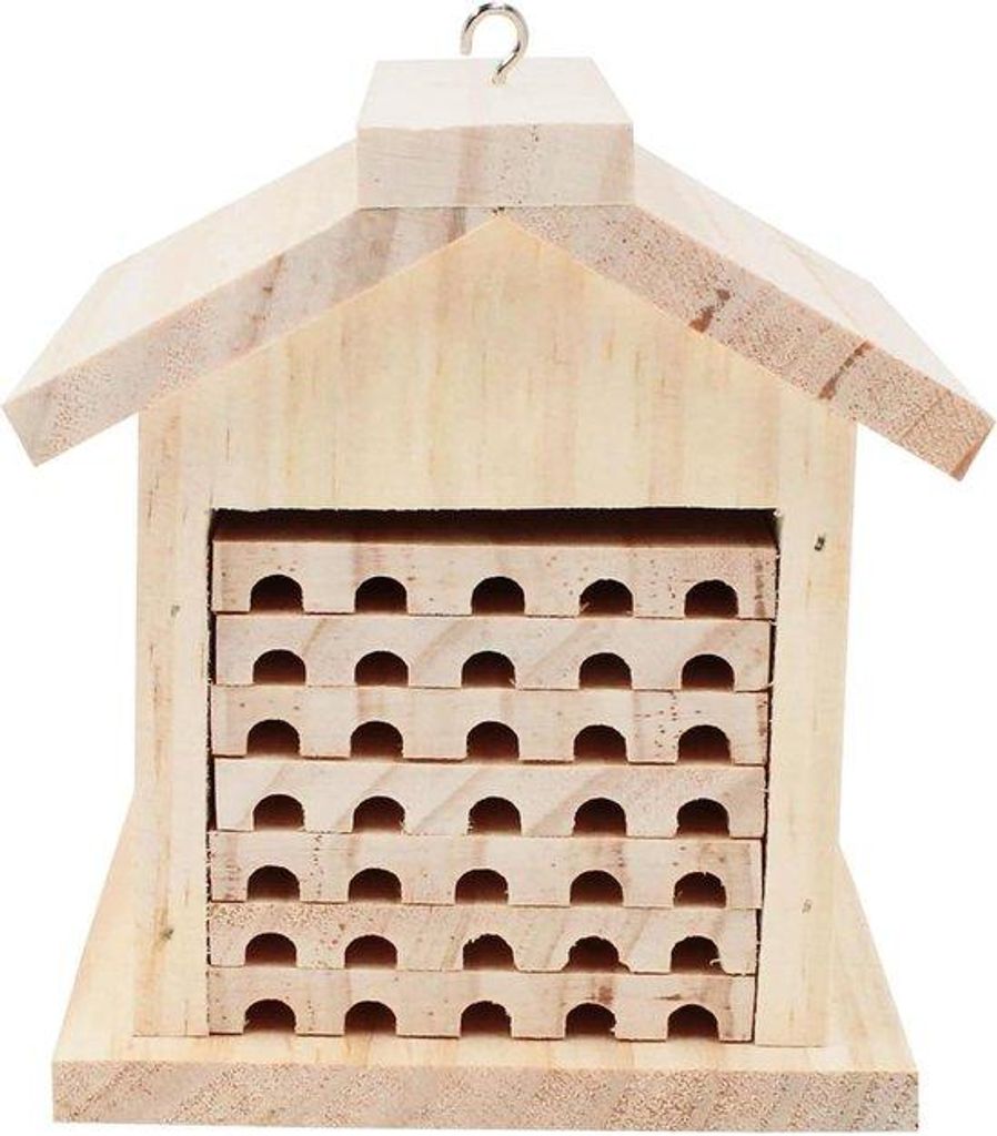 Holzbienenhotel mit Klebstoff - 20 x 22 x 22 cm - Einzelstück - Einfarbig.
