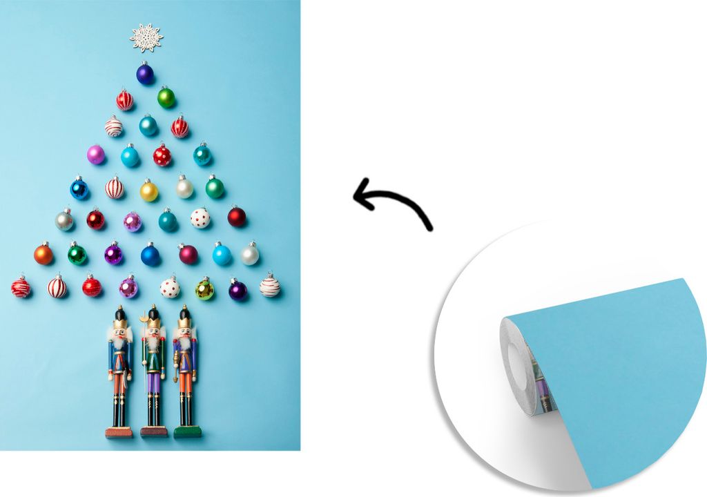 MuchoWow Fototapete für Wohnzimmer oder Schlafzimmer Wandtapete Vinyl Motivtapete Ein Weihnachtsbaum aus Kugeln auf hellblauem Hintergrund - 160...