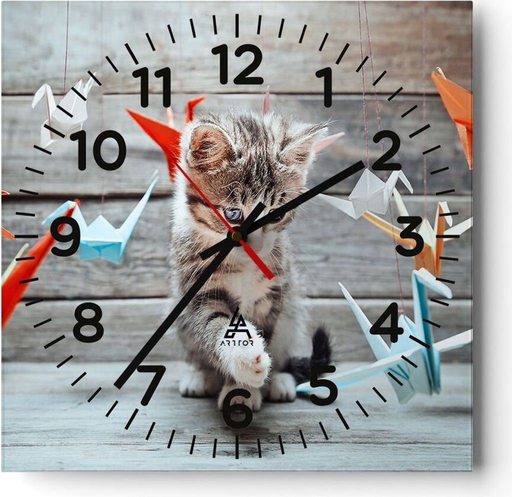 Wanduhr - Quadrat - Glasuhr - Katze spaß origami - 40x40cm - Schleichendes Uhrwerk - Lautlos - zum Aufhängen bereit - Dekoration Modern - Wanddek...