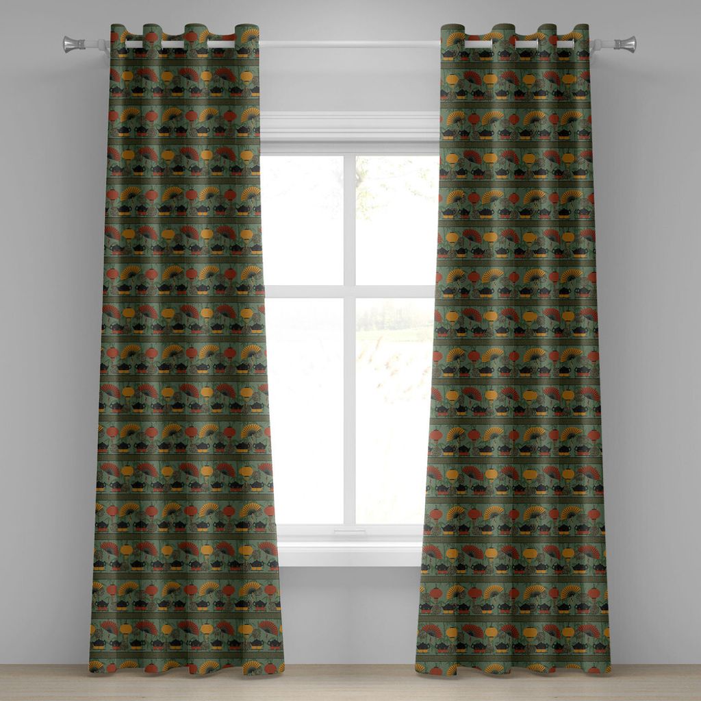 ABAKUHAUS Tee-Party Ösenvorhang, Asiatischer Ethnie-Thema-Schmutz-Bambus verzweigt sich chinesische Laternen, Dekorative 2-Panel-Fenstervorhänge,...