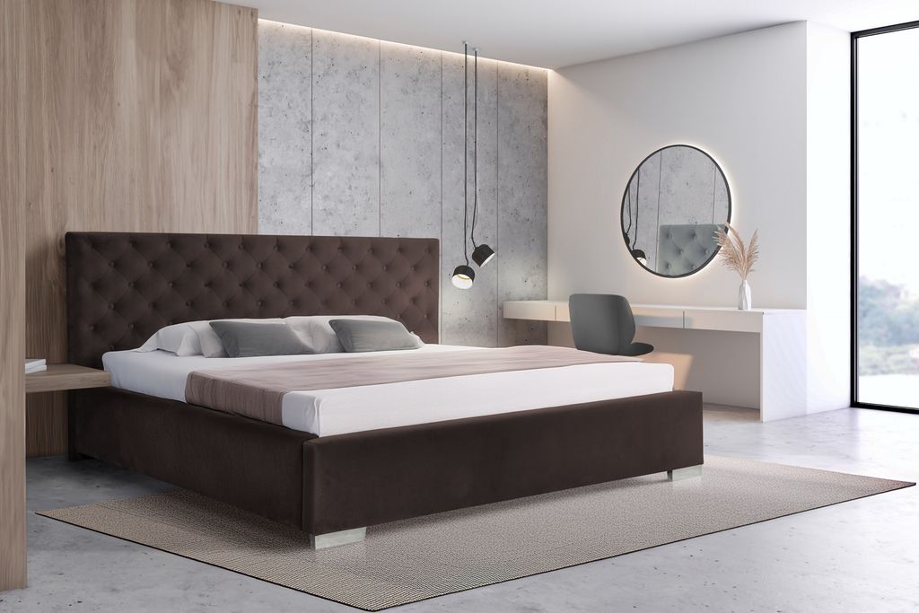 Polsterbett 140 x 200 cm mit Bettkasten und Matratzen, Bonellmatratzen H4, Kopfteil mit dekorativen Knöpfen, Braun Molisa