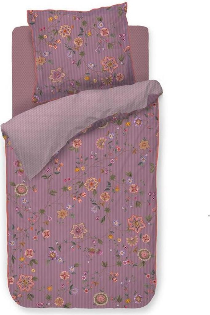 A bedding set, including a pillow and duvet cover, laid out flat on a white background.
