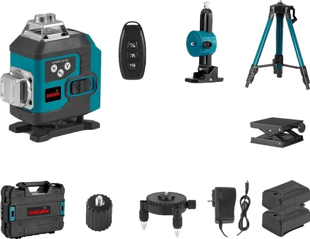 A collage of a laser level and its accessories.
