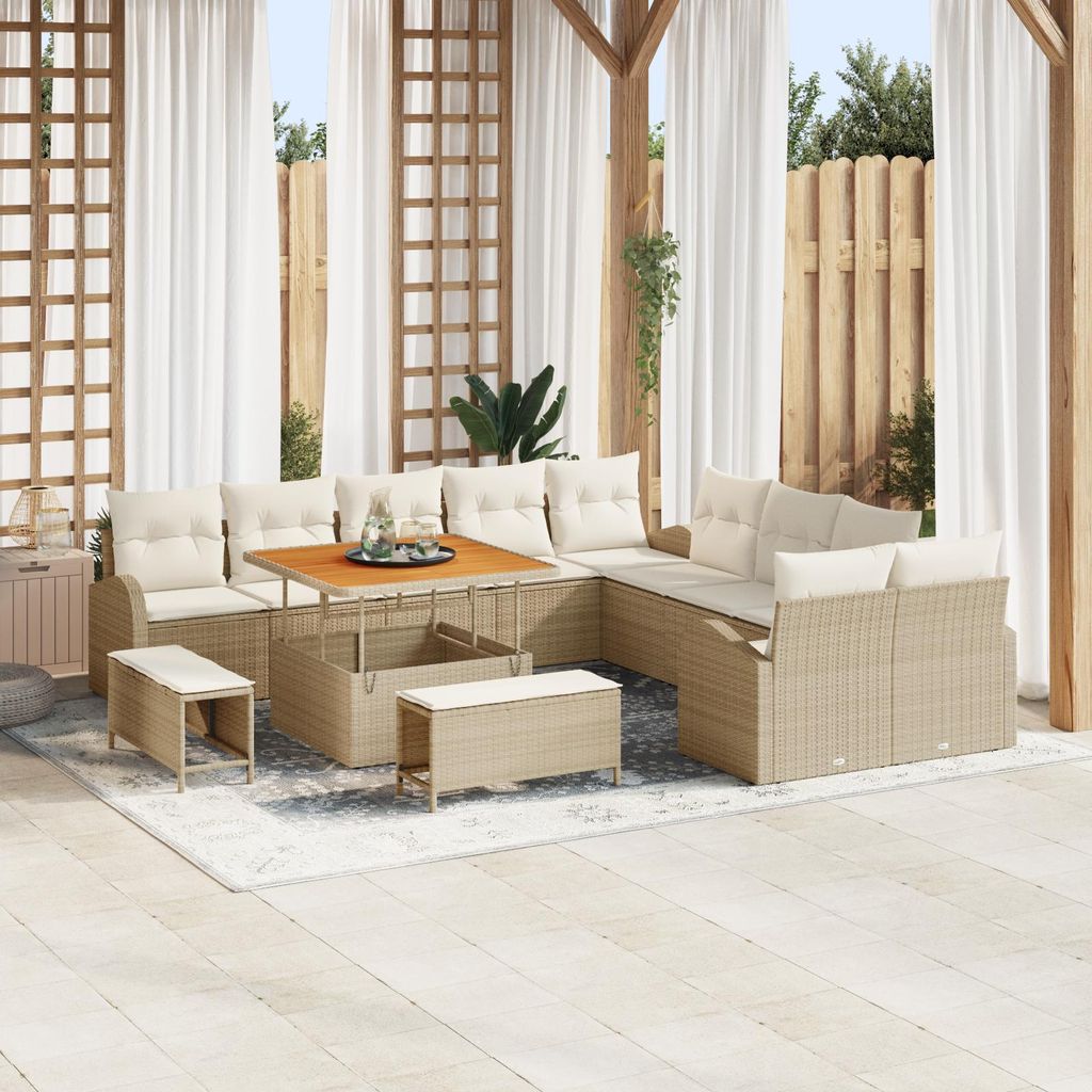 13-tlg. Garten-Sofagarnitur mit Kissen Beige Poly Rattan Akazie, Design Möbel Gartensofas Neu