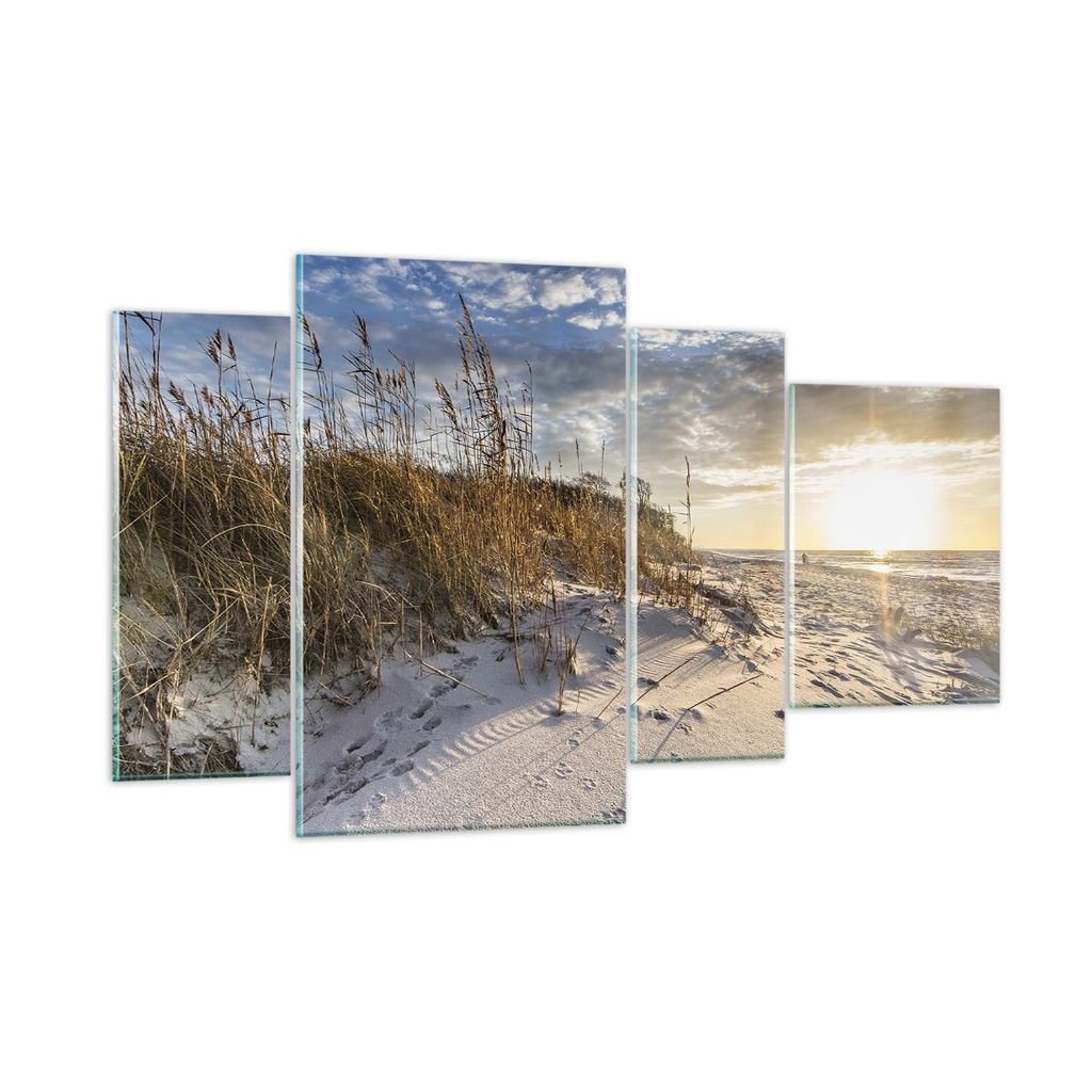 Bilder auf glas - 4 Teile - Sand Gras Meer - 120x70cm - Glasbilder - Wandbilder - Bilder - zum Aufhängen bereit - Wanddekoration aus Glas - Glas B...