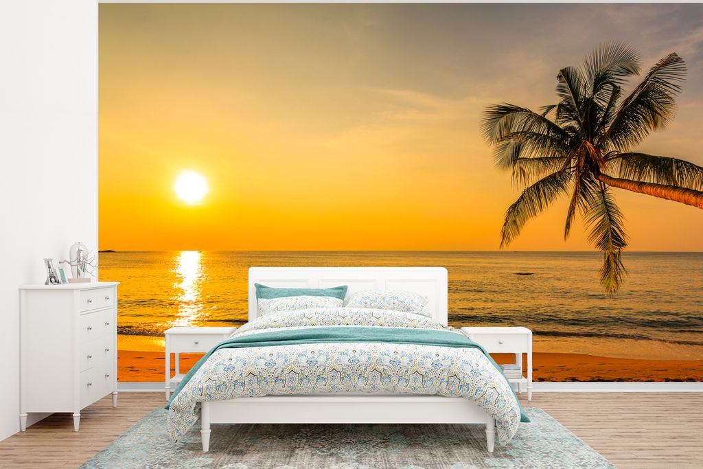 MuchoWow Fototapete für Wohnzimmer oder Schlafzimmer Wandtapete Vinyl Motivtapete Palme - Strand - Sonnenuntergang - Meer - 375x280 cm - Schlafz...