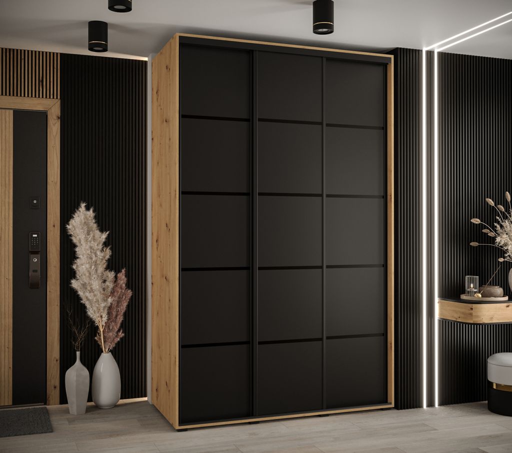 Kleiderschrank YVONA 4 - 150/60 cm, Eiche handwerklich / schwarz / schwarz