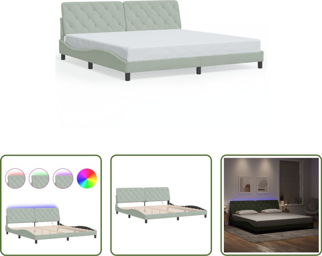 The Living Store Bettgestell mit LED-Leuchten Hellgrau 200x200 cm Samt