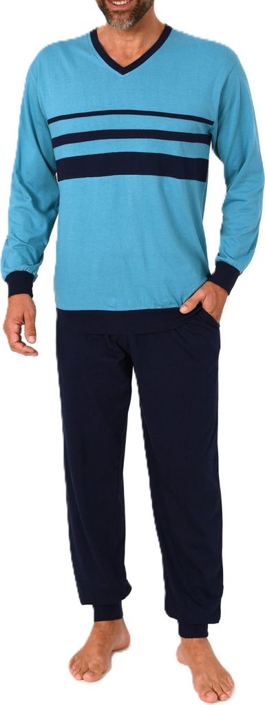 Normann Herren Schlafanzug lang Pyjama mit eleganten Front-Streifen – auch in Übergröße ; marine , 48