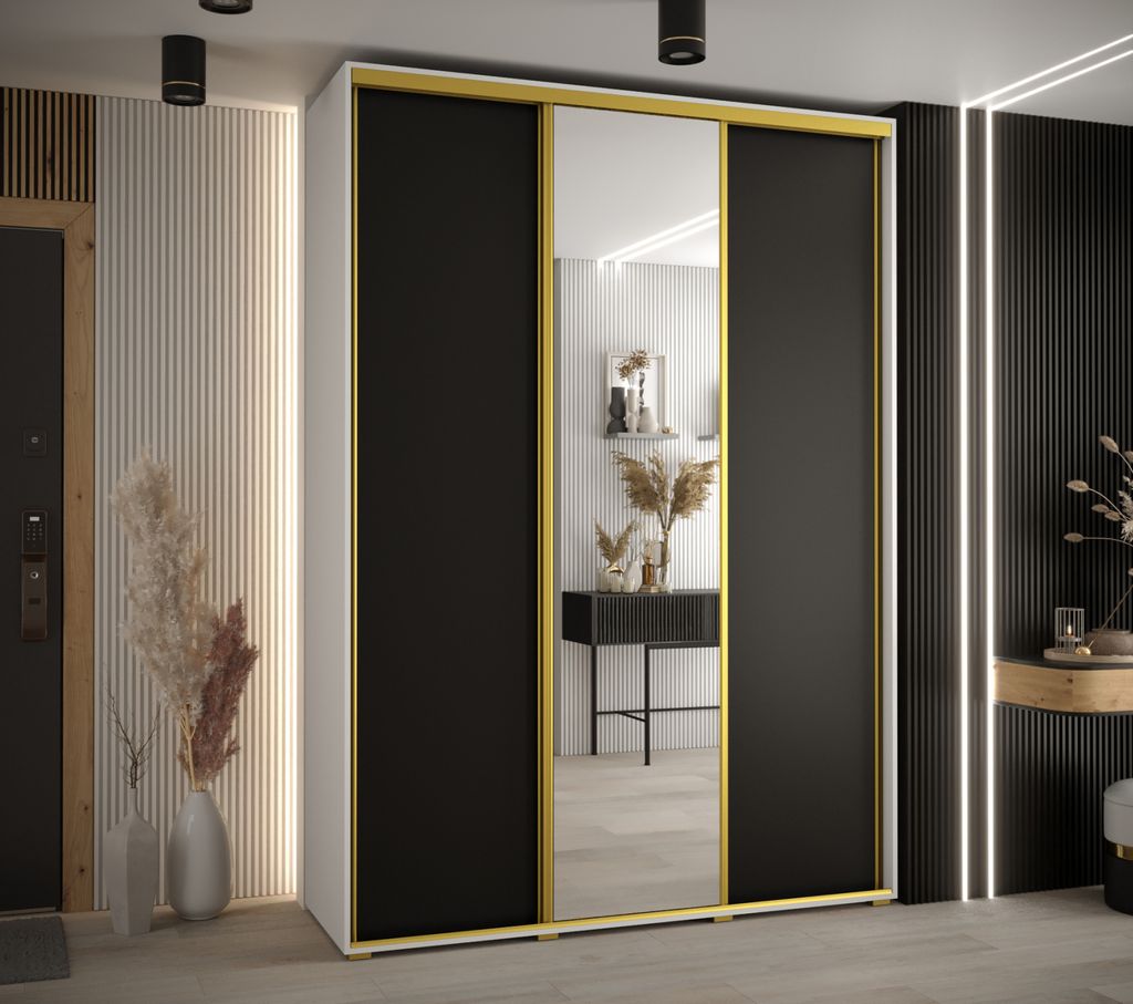 Kleiderschrank YVONA 3 – 170/45 cm, weiß/schwarz/gold