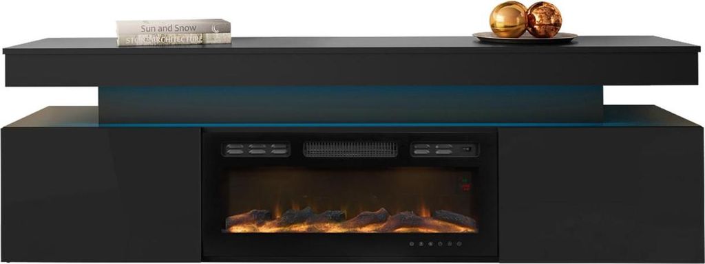 A black TV stand with an integrated electric fireplace and blue LED lighting.