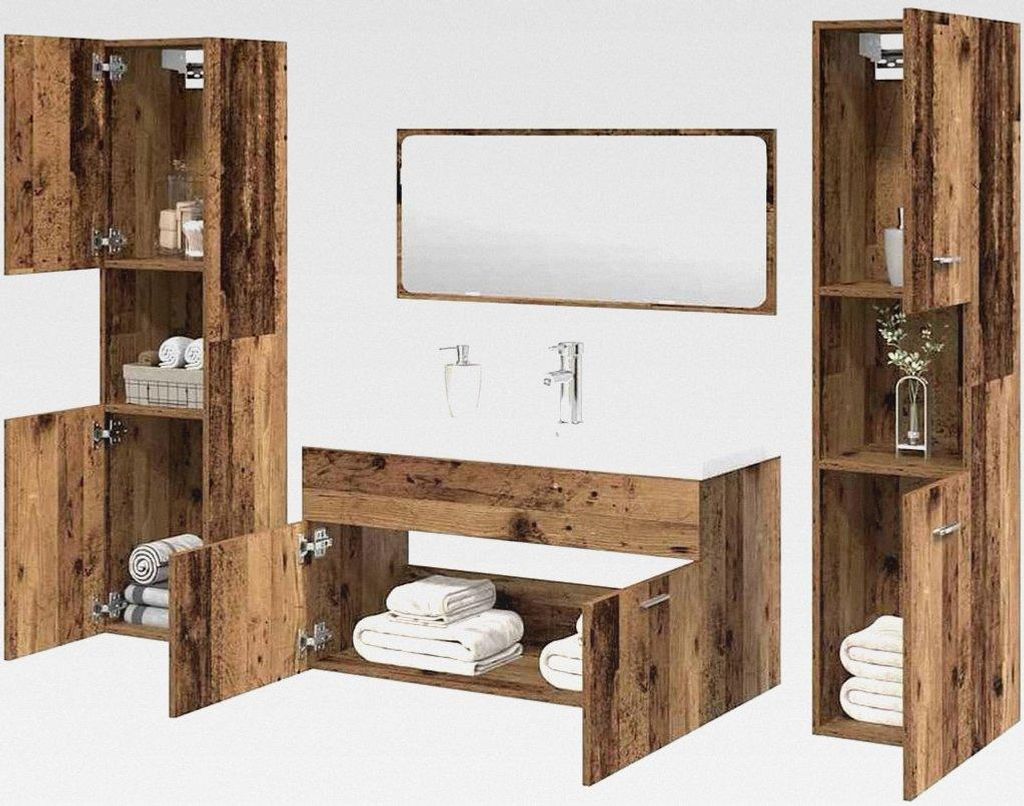 5-Stück Badmöbel-Set Altholz-Optik Holzwerkstoff Bad Schrank Aufbewahrungsschrank für Badezimmer Küche Wäscheraum