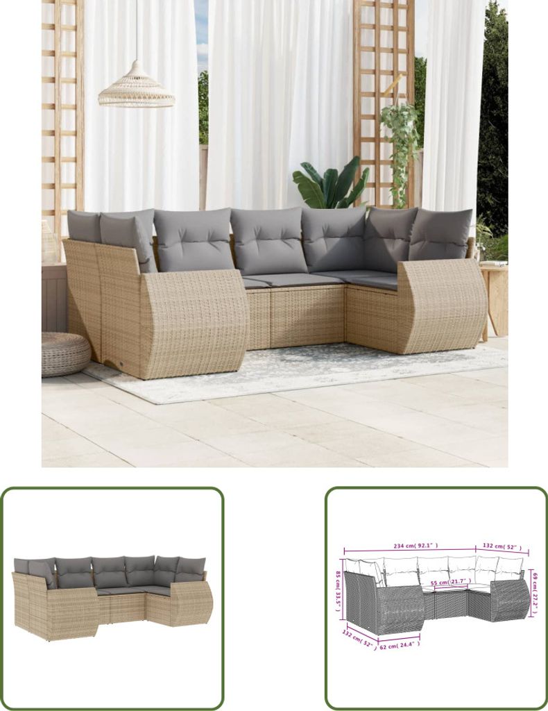 The Living Store 6-tlg. Garten-Sofagarnitur mit Kissen Beige Poly Rattan
