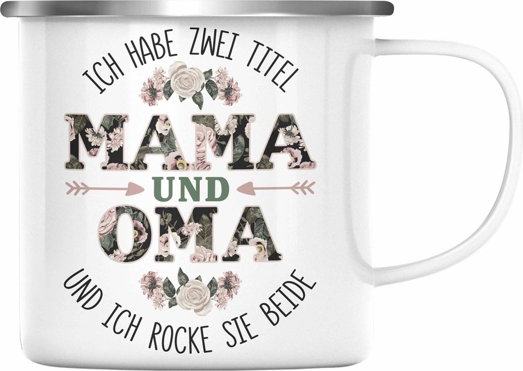 Trendation - Mama und Oma Emaille Tasse Geschenk für Oma Weihnachten Geburtstag Lustige Emaille Tasse Beste Oma (Silber)