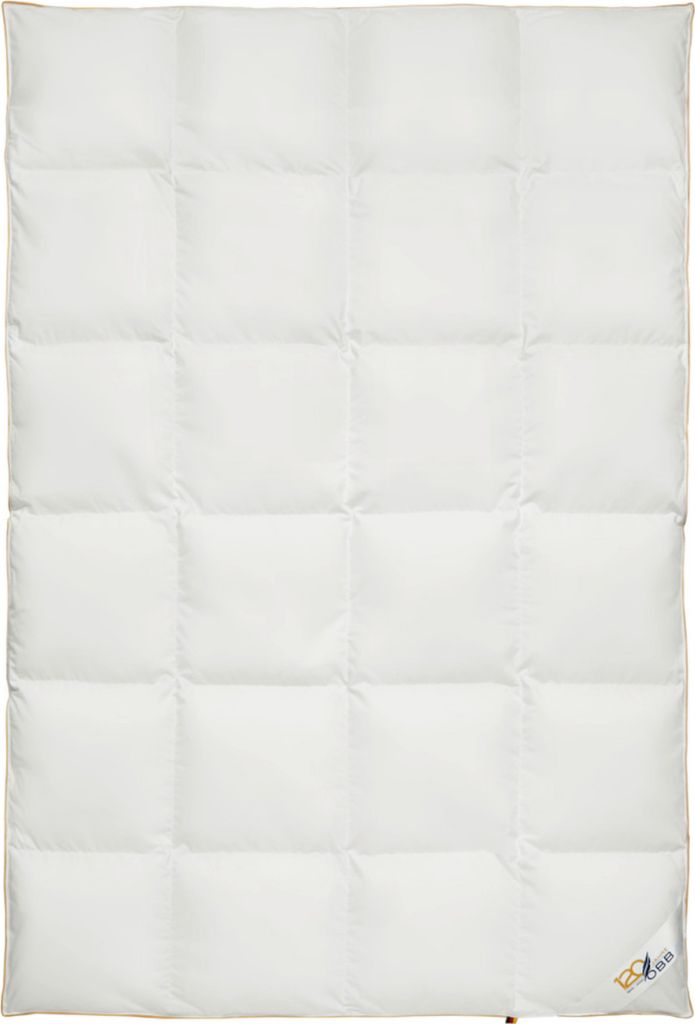 A white down comforter with a quilted pattern, laid flat on a white background. A small logo is visible in the bottom right corner.