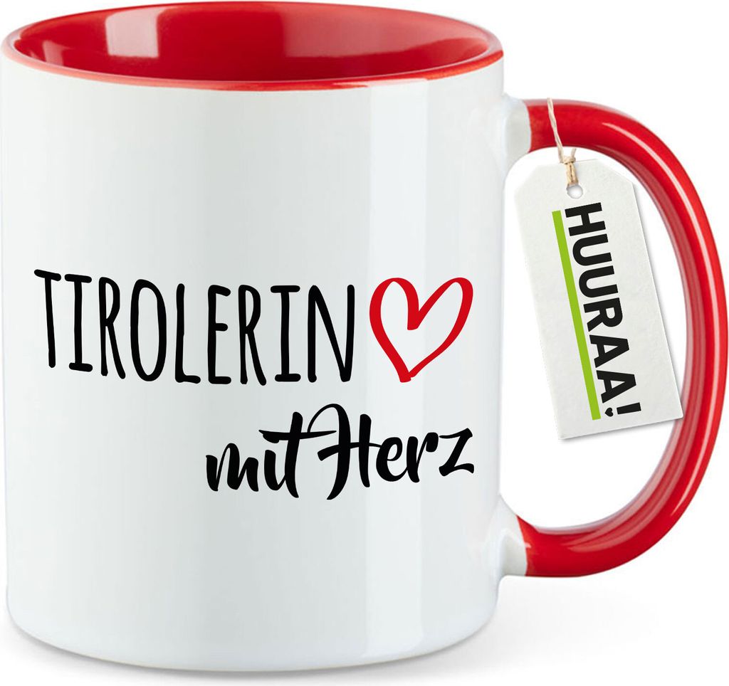Huuraa Kaffeetasse Tirolerin mit Herz 330ml Rot Keramik Kaffeebecher Geschenkidee