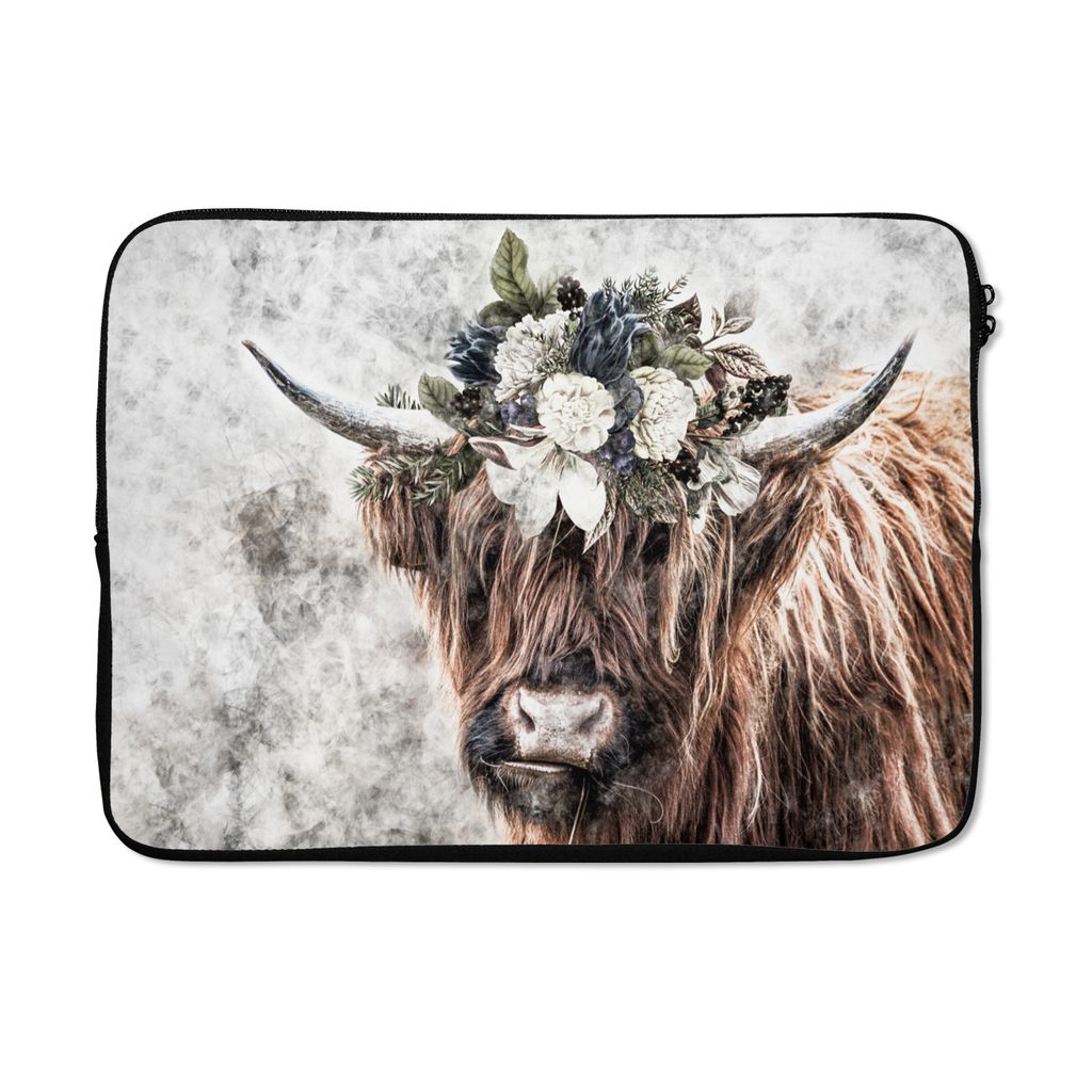 MuchoWow Laptop Hülle 14 ZollSchottischer Highlander - Rauch - Bouquet Laptoptasche - Laptoptasche - Stoßsicher - Schutzhaube