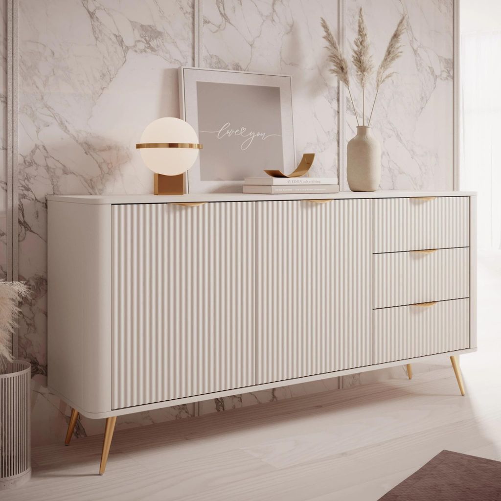 Kommode Sideboard FLORE 163 cm Beige Gold Geriffelt 2D3S Produktbild 