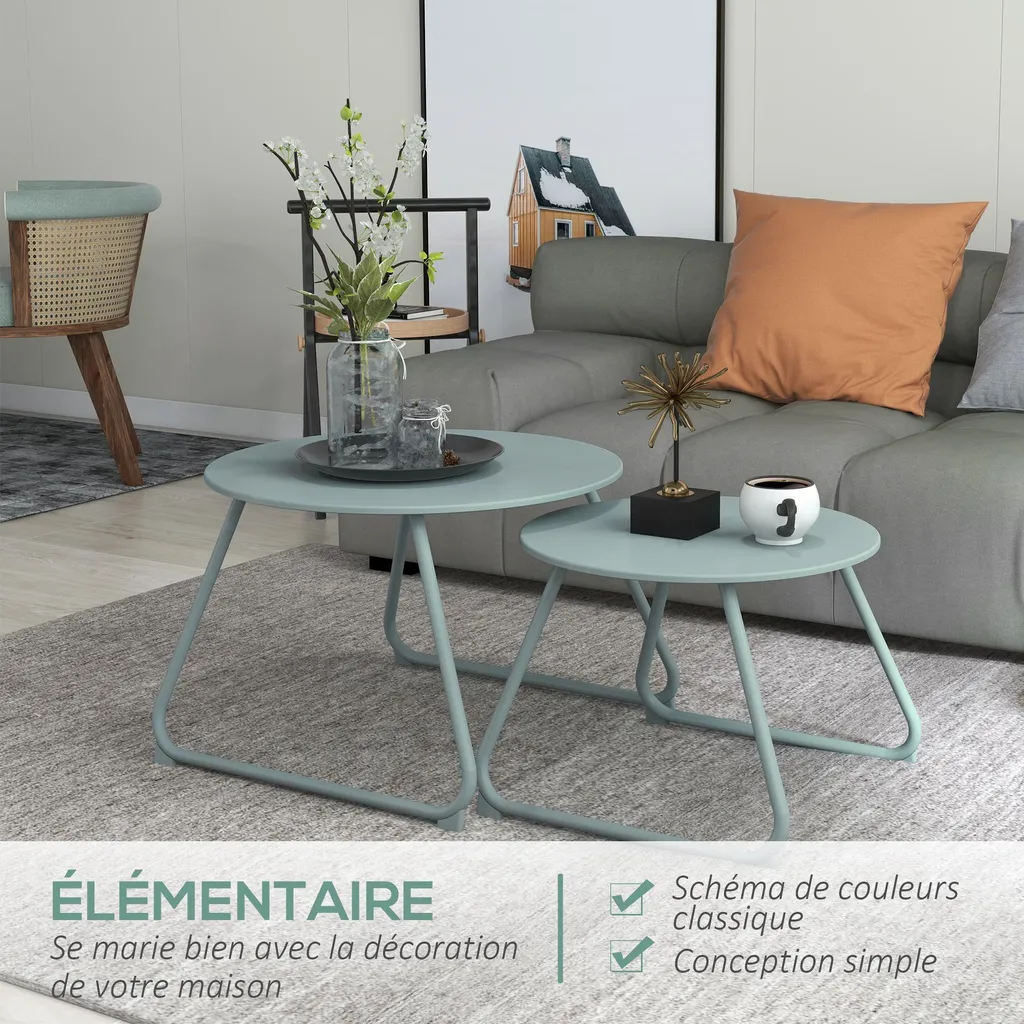 Lot de 2 tables basses gigognes de jardin en métal bleu époxy stables - 8