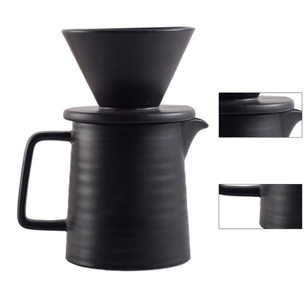 A black ceramic pour-over coffee maker set.