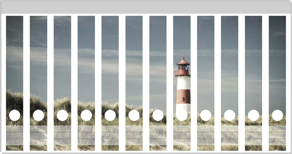 Wallario Ordnerrücken Sticker, selbstklebend für schmale Ordner, 12 Stück, Motiv Leuchtturm auf der Düne am Strand