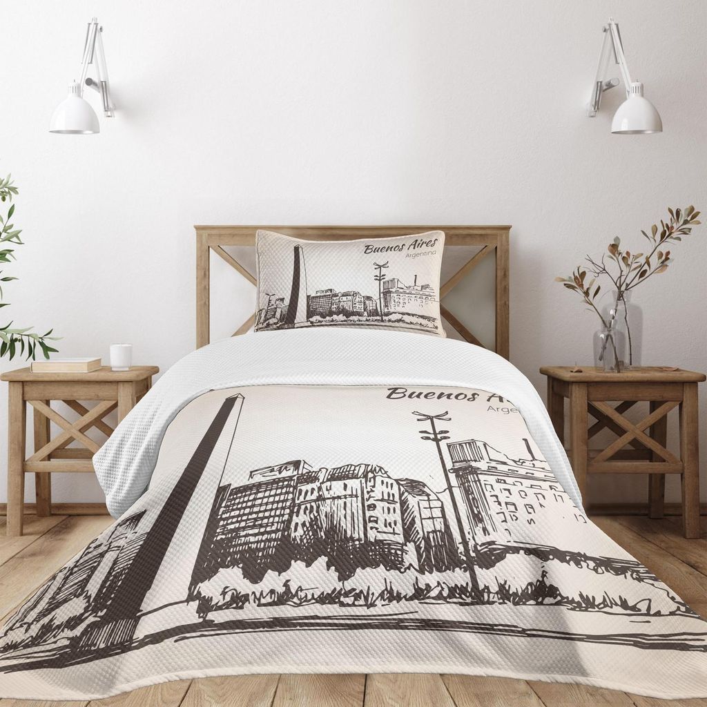 ABAKUHAUS Obelisk Tagesdecke Set, Buenos Aires Argentinien Beschriftung Stadt Skizze mit berühmten Monument, 220 x 220 cm, Dunkler Taupe und Eggshell