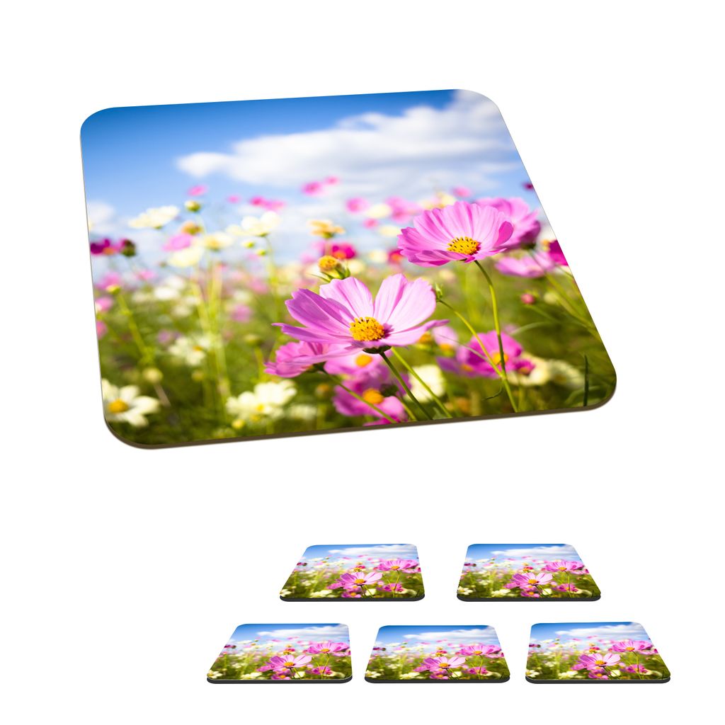 KitchenYeah Glasuntersetzer Quadratisch 6er Set Blumen - Wiese - Lila - Gras - Weiß - Wolken - Blau 10x10 cm Untersetzer für Gläser - Getränk...